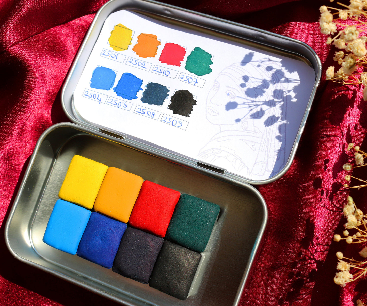 Colores básicos - Paleta de acuarela hecha a mano de 8 piezas - Juego de medias paletas de acuarela mate con caja de metal