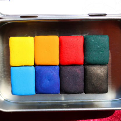 Basic Colors - 8 Pcs Handmade Watercolor Palette - Matte Watercolor Half Pan Set with Metal Tin Box