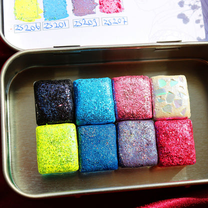 Shimmering Star - 8 Pcs Handmade Watercolor Palette - Glitter Watercolor Half Pan Set with Metal Tin Box