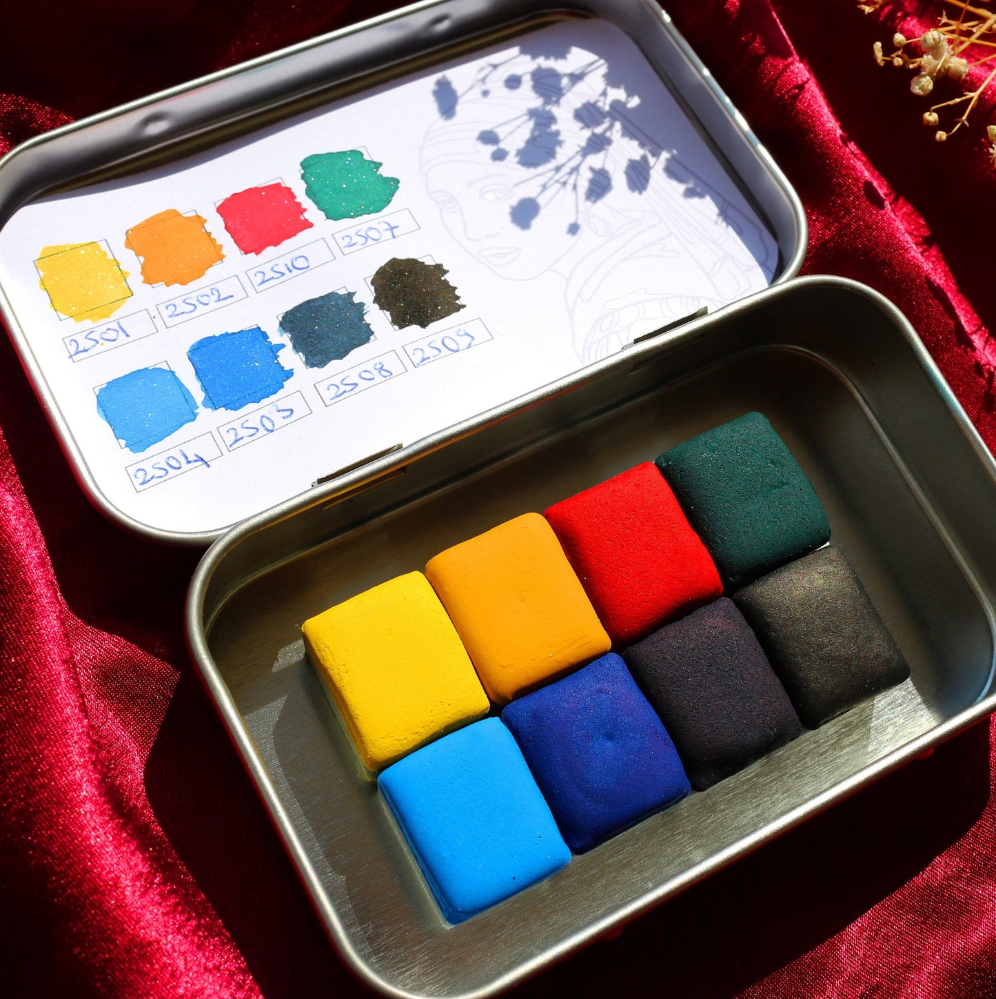 Basic Colors - 8 Pcs Handmade Watercolor Palette - Matte Watercolor Half Pan Set with Metal Tin Box