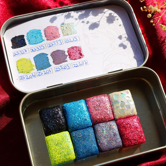 Shimmering Star - 8 Pcs Handmade Watercolor Palette - Glitter Watercolor Half Pan Set with Metal Tin Box