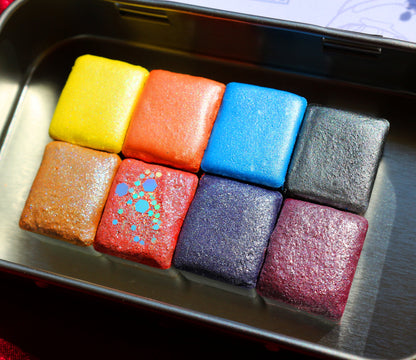 Magic Effect - 8 Pcs Handmade Watercolor Palette - Nacreous and Metallic Watercolor Half Pan Set with Metal Tin Box