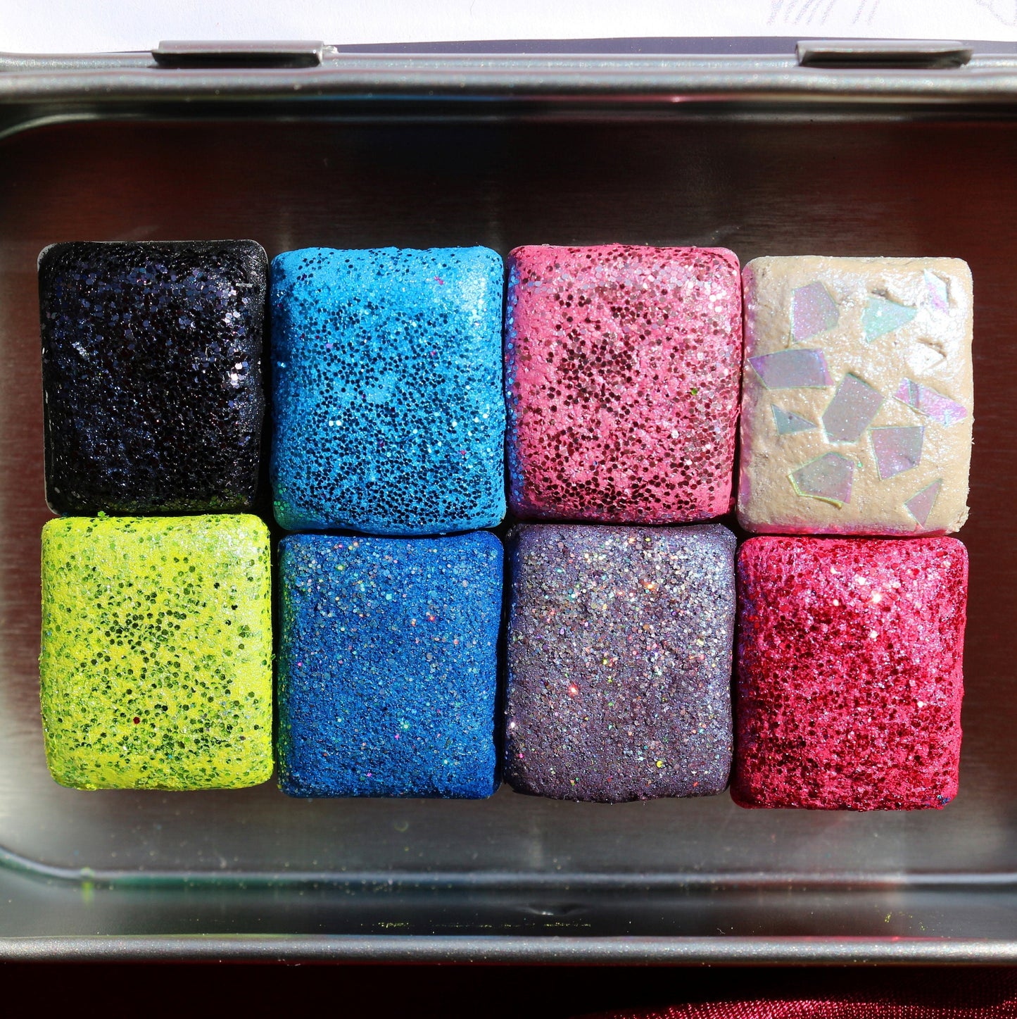 Shimmering Star - 8 Pcs Handmade Watercolor Palette - Glitter Watercolor Half Pan Set with Metal Tin Box